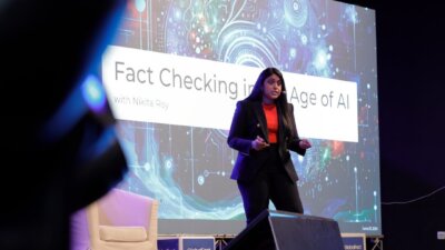 International Center for Journalists Knight fellow Nikita Roy speaks about artificial intelligence on the second day of GlobalFact 11, the International Fact-Checking Network's conference in Sarajevo. (Photo: Vanja Čerimagić)